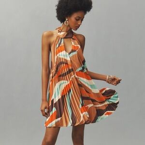 Anthropologie Pleated Halter Mini Dress in Brown, Orange & Teal